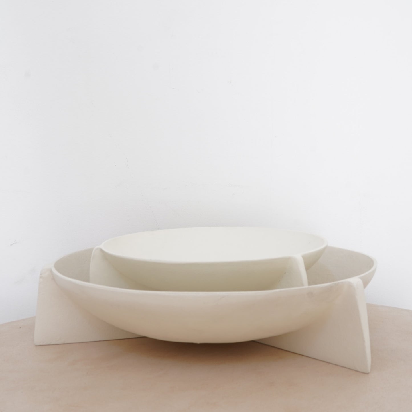 Ivory recycled aluminum decorative trays in small and large sizes, handcrafted for sustainable home styling.