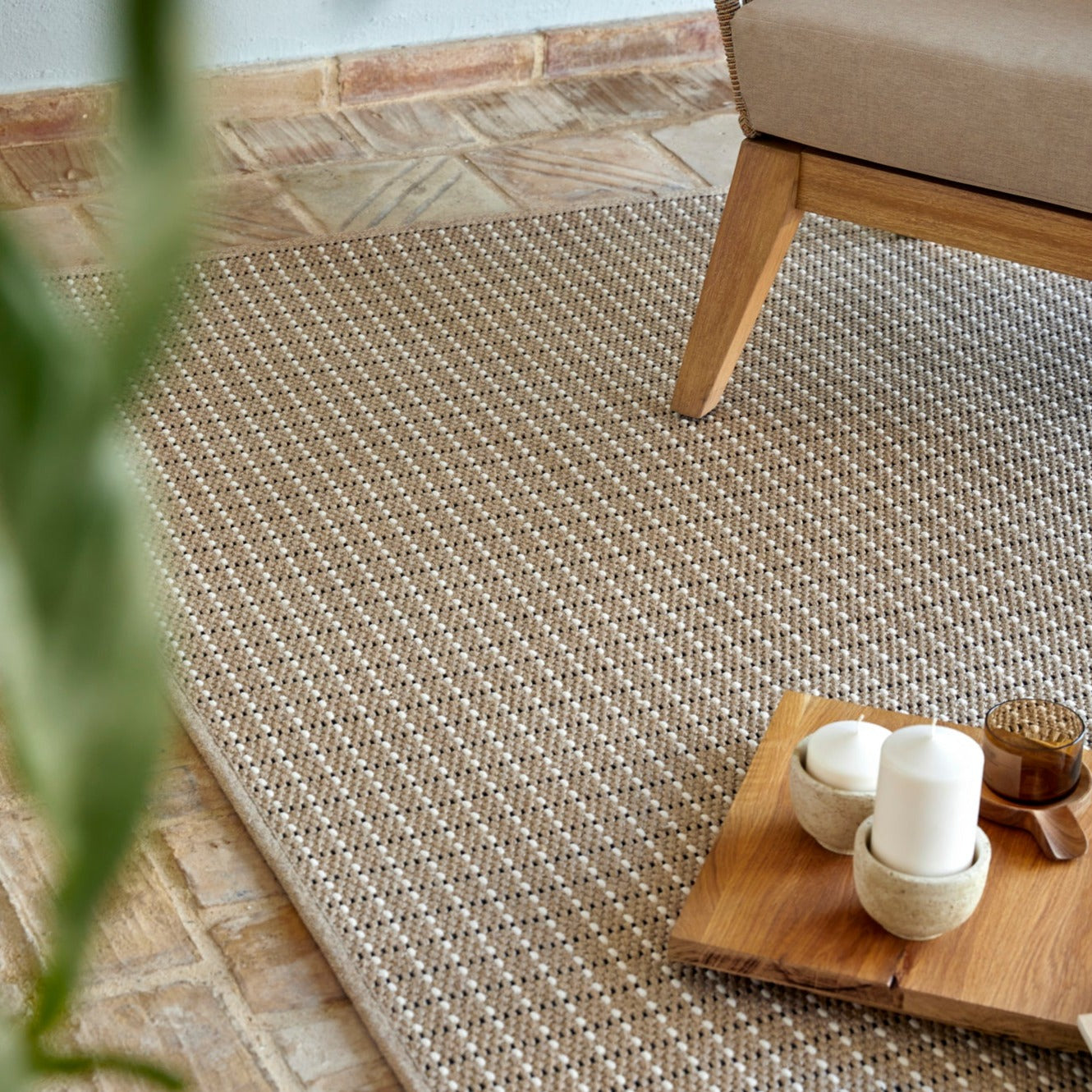 Carmel Indoor/Outdoor Rug – eco-friendly recycled plastic rug in coconut white, durable, versatile, and sustainable design by Tribe Dubai.