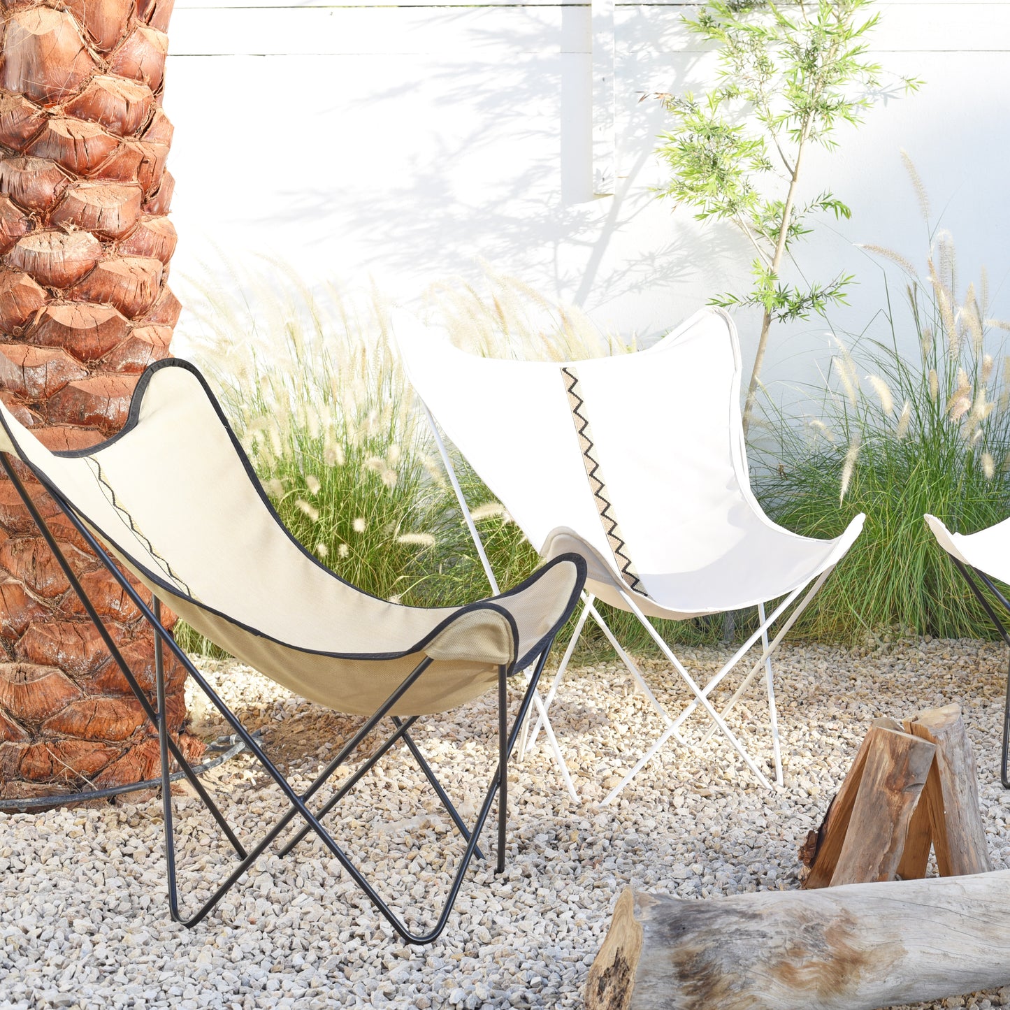 Outdoor Butterfly Chair in black and white with solid steel frame, perfect for stylish lounging and custom fabric options available.