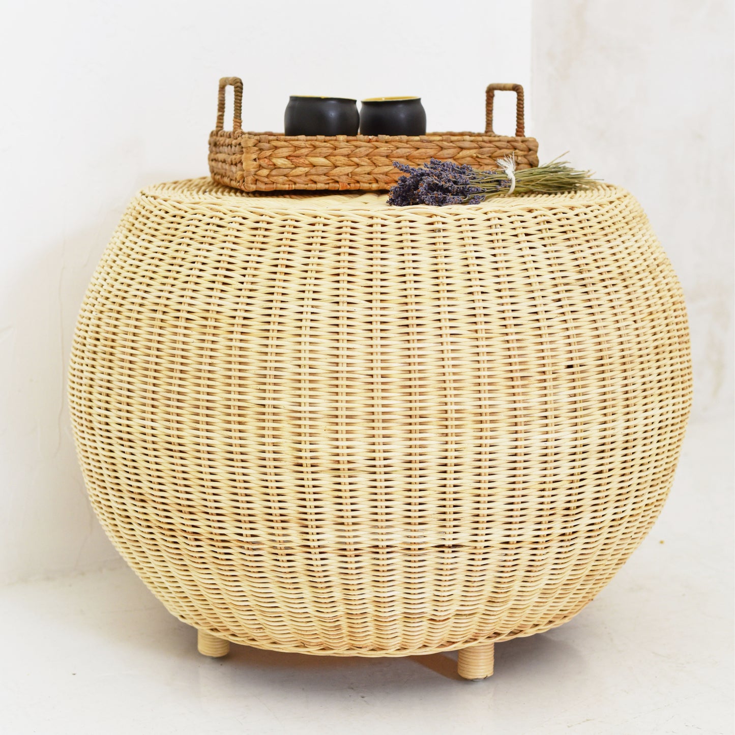 Natural cane coffee table with a woven finish, ideal for living or bedroom spaces, showcasing artisan craftsmanship.