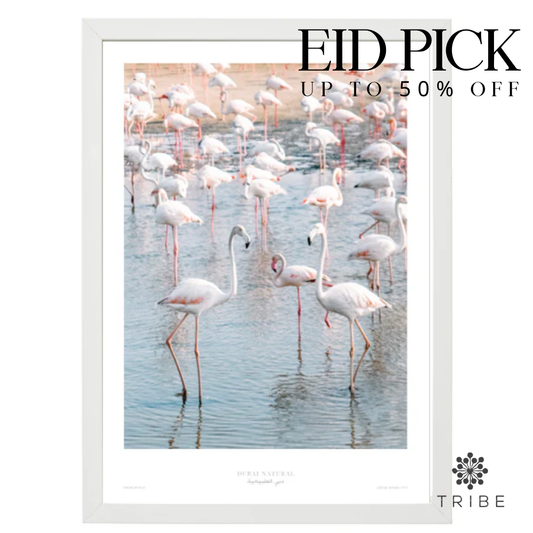 Dubai Natural Framed Print, White - Flamingos / طباعة